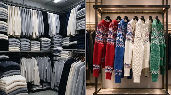 Comparison of basic volume knitwear vs premium custom designed sweaters with complex jacquard patterns.