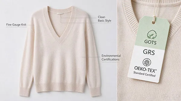 Basic fine gauge v-neck sweater with sustainable GOTS and GRS eco-friendly hangtags.
