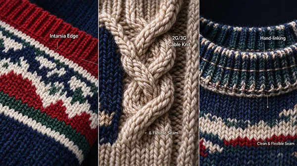 Macro close-up of intricate intarsia knitwear and chunky cable knit sweater craftsmanship.
