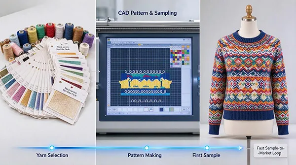 Rapid sweater sampling process from stock yarn color cards to finished custom knitwear prototype.