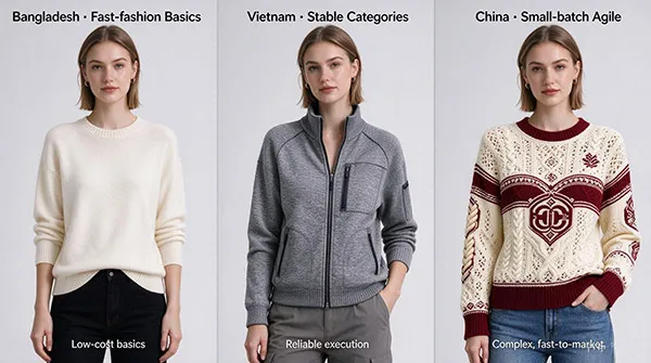 Different styles of sweaters representing apparel sourcing strategies from fast fashion to premium custom knitwear.