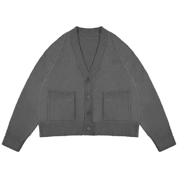 dark grey oversized v-neck cardigan with pockets and dropped shoulders