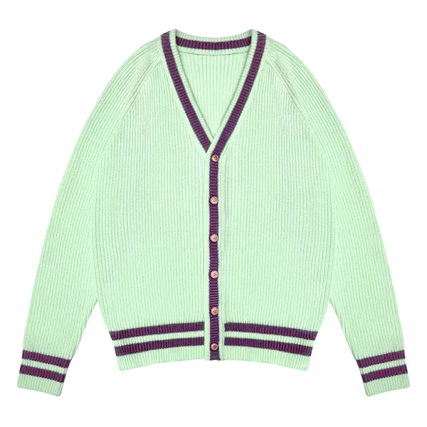 green striped trim v-neck varsity style ribbed knit cardigan