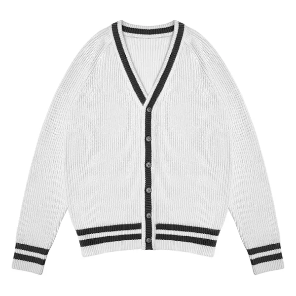 white striped trim v-neck varsity style ribbed knit cardigan