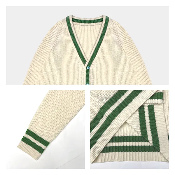 striped trim v-neck varsity style ribbed knit cardigan knitting details