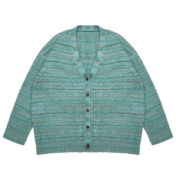cyan space dye v-neck cardigan with fuzzy knit texture
