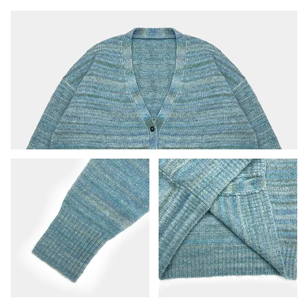 space dye v-neck cardigan with fuzzy knit texture knitting details