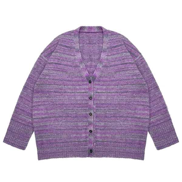 purple space dye v-neck cardigan with fuzzy knit texture