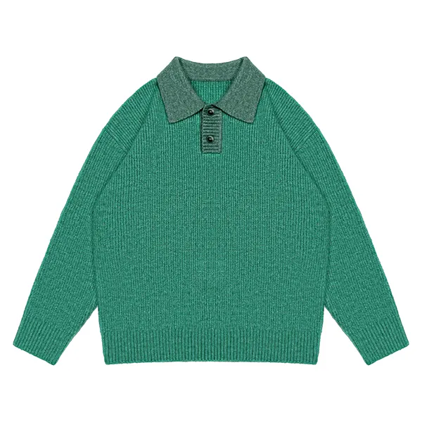 cyan contrast collar polo sweater with ribbed knit design