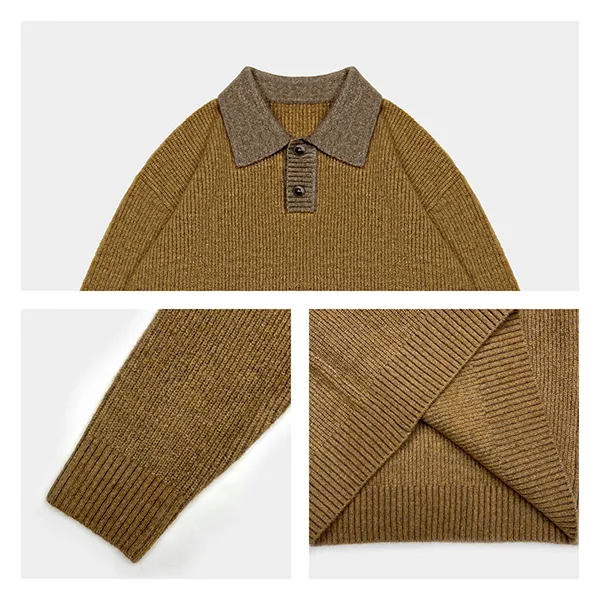 contrast collar polo sweater with ribbed knit design knitting details