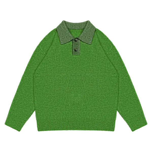 green contrast collar polo sweater with ribbed knit design