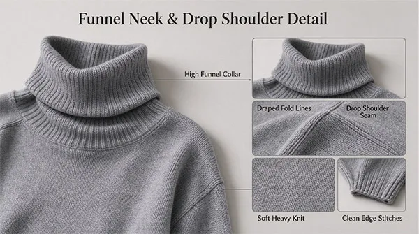 Oversized funnel neck turtleneck sweater with drop shoulder drape