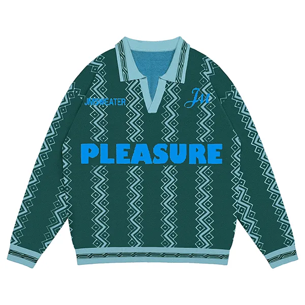 blue geometric jacquard polo sweater with graphic lettering