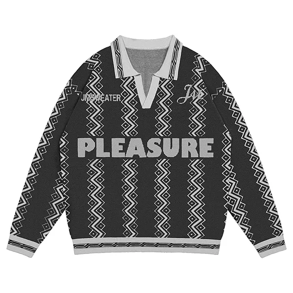 grey geometric jacquard polo sweater with graphic lettering