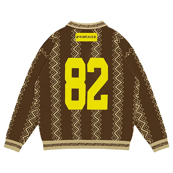 geometric jacquard polo sweater with graphic lettering back