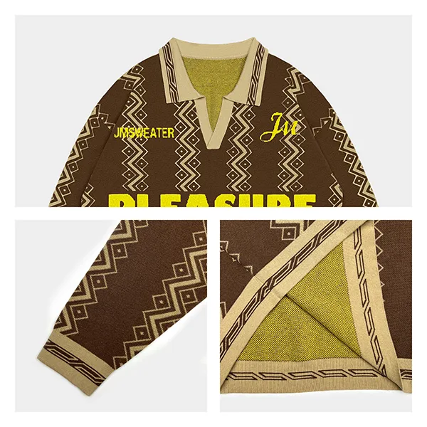 geometric jacquard polo sweater with graphic lettering knitting details