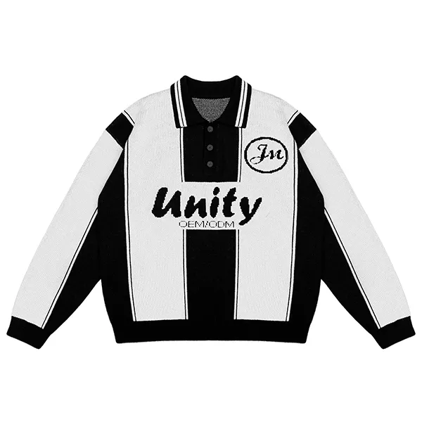 white contrast block polo sweater with graphic script