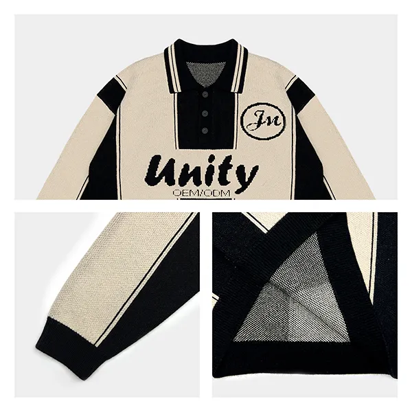 contrast block polo sweater with graphic script knitting details