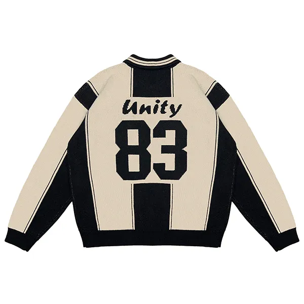 contrast block polo sweater with graphic script back