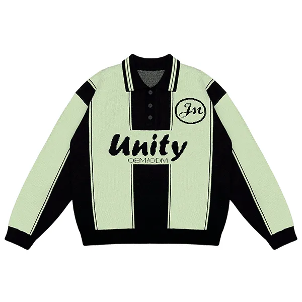 green contrast block polo sweater with graphic script
