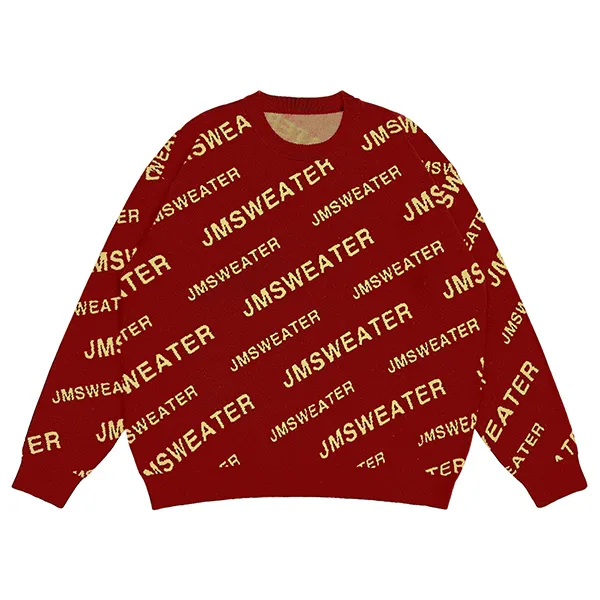 red all over logo jacquard sweater with diagonal lettering
