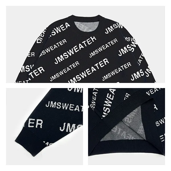 all over logo jacquard sweater with diagonal lettering knitting details