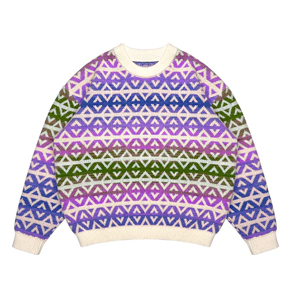 purple fair isle geometric jacquard sweater with rainbow stripes