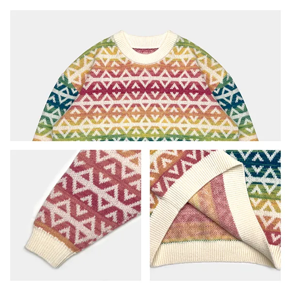 fair isle geometric jacquard sweater with rainbow stripes knitting details