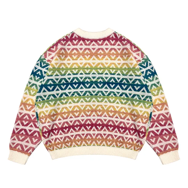 fair isle geometric jacquard sweater with rainbow stripes back