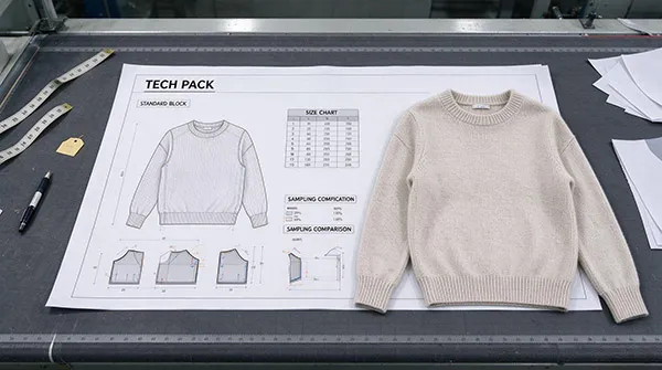 Agile knitwear tech pack and garment pattern fitting setup for quick bulk production