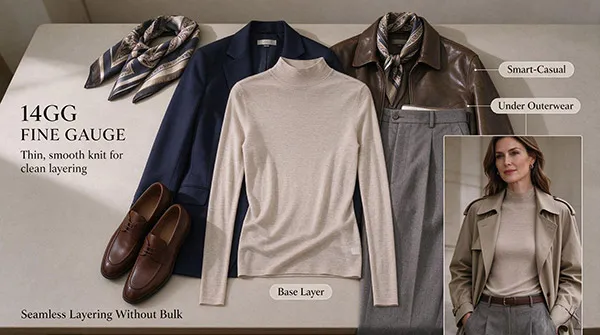 14GG fine gauge merino wool sweater layered under blazer for UK smart casual wear