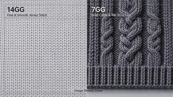 Close-up fabric texture difference between 14GG fine knit and 7GG chunky knit