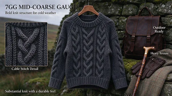 7GG chunky cable knit lambswool jumper for UK autumn winter outdoor lifestyle