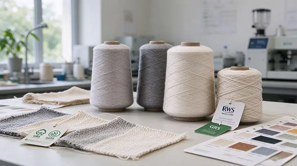 GRS, GOTS and RWS certified yarn cones and swatch book for sustainable sweater manufacturing
