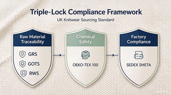 Triple-Lock compliance framework for UK sustainable knitwear sourcing: GRS, GOTS, RWS, OEKO-TEX and SEDEX