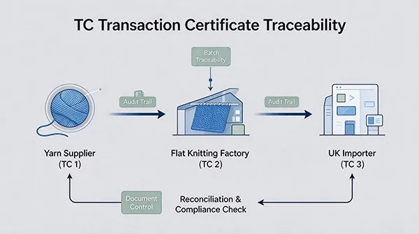 Transaction Certificate TC traceability flow in flat knitting production for UK market