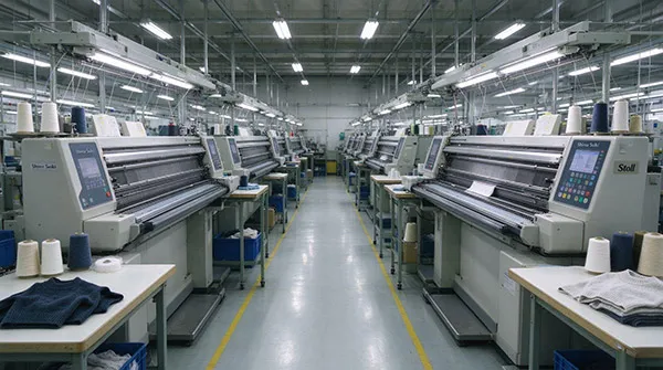 Computerised flat-bed knitting workshop manufacturing GRS and RWS certified sweaters at JM Sweater factory