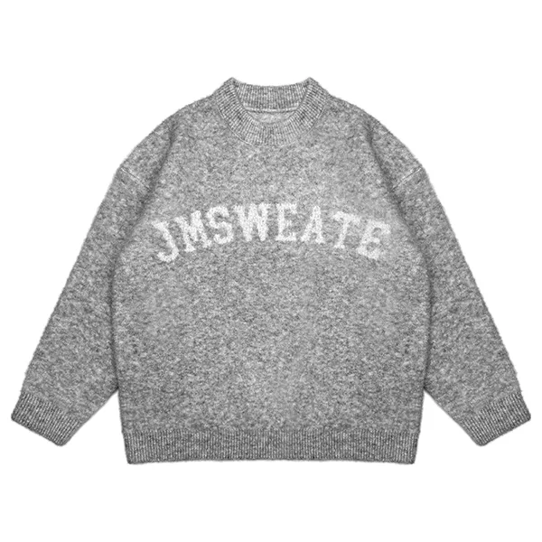 grey fuzzy brushed lettering sweater with arched graphic