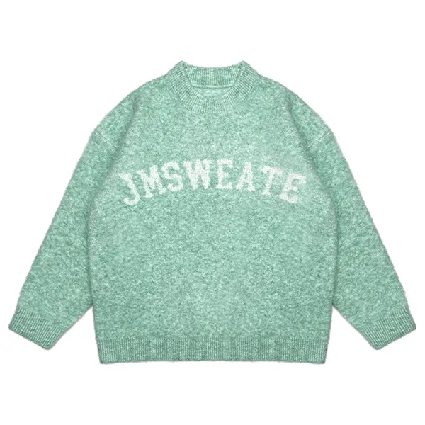 green fuzzy brushed lettering sweater with arched graphic