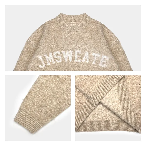 fuzzy brushed lettering sweater with arched graphic knitting details