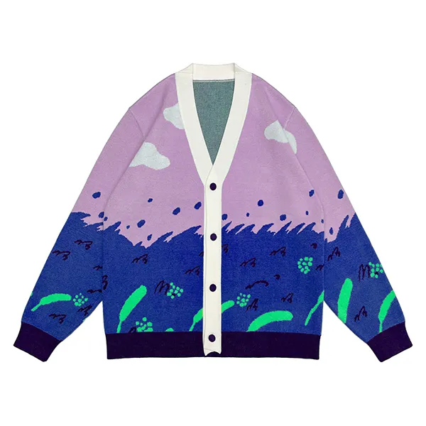 blue landscape scenic jacquard cardigan with v neck button front