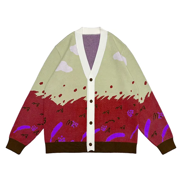 red landscape scenic jacquard cardigan with v neck button front