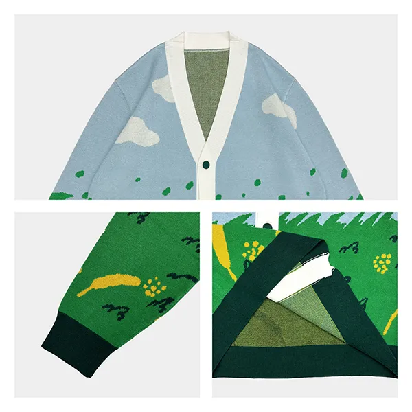 landscape scenic jacquard cardigan with v neck button front knitting details