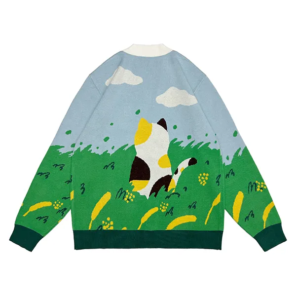 landscape scenic jacquard cardigan with v neck button front back