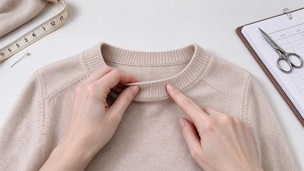Sweater fit sample review and flat sketch comparison for apparel tech pack