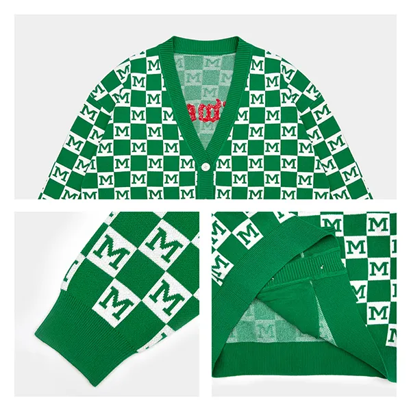checkerboard lettering cardigan with v neck and pockets knitting details
