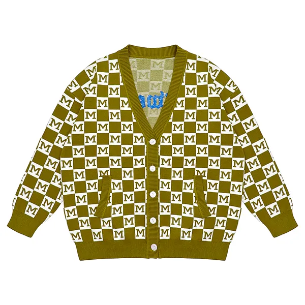 yellow checkerboard lettering cardigan with v neck and pockets