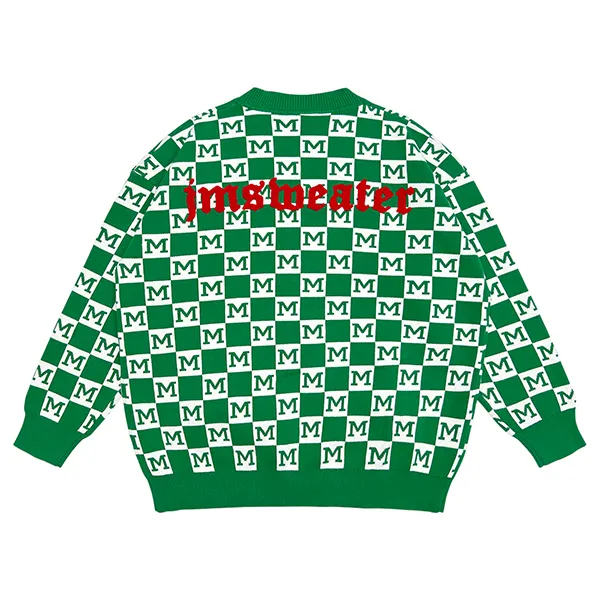 checkerboard lettering cardigan with v neck and pockets back