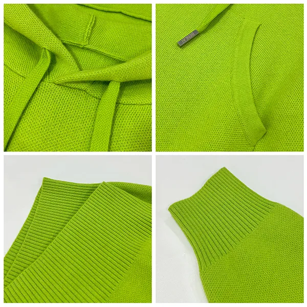 knitted hooded sweater with drawstring and kangaroo pocket knitting details