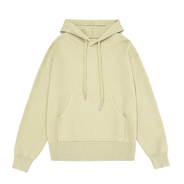 white knitted hooded sweater with drawstring and kangaroo pocket